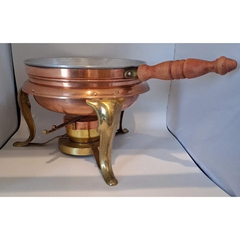 Copper & Brass Chafing Dish, Wood Handle Unbranded with 5 Pieces 